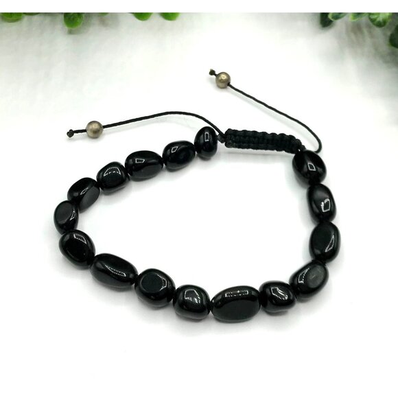 Black Obsidian Beaded Adjustable Bracelet With Drawstring Closure - Picture 1 of 5